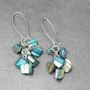Y2K Silver Hoops Blue Shell Dangle Earrings 2.5"
